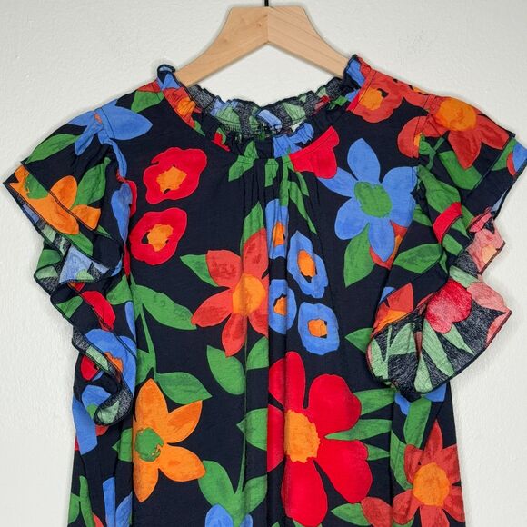 Entro Womens Floral Top XL Multicolor Feminine Blue Ruffle Blouse‎ Brunch Office - Picture 6 of 10